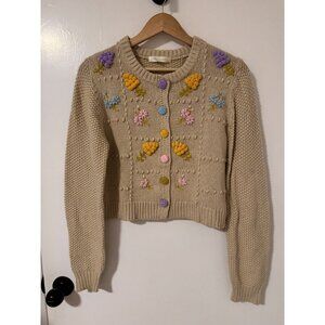 Love Shack Fancy Beige Knit Cardigan With Floral Embroidery Button Front Size S